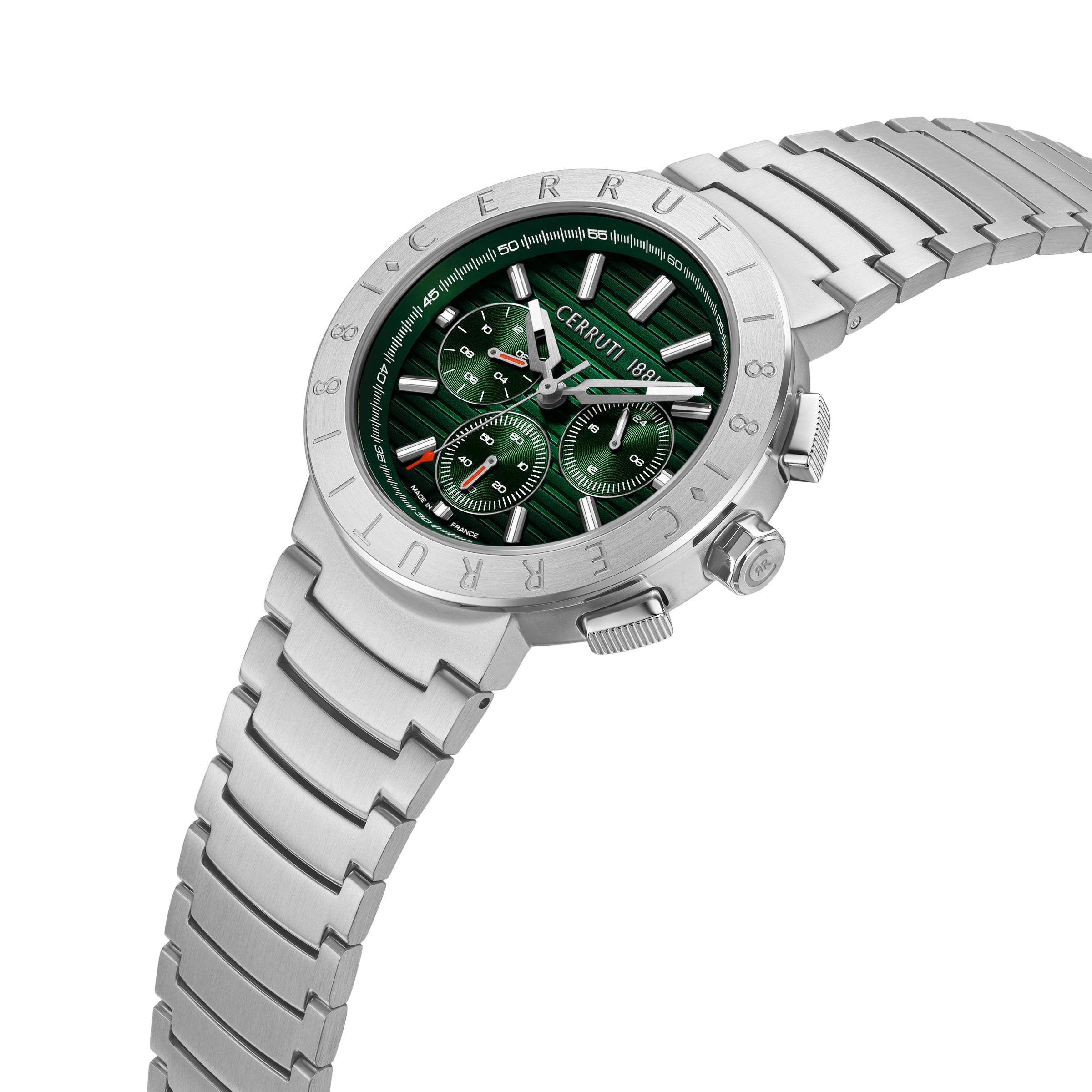 A high-angle studio photograph of the Cerruti 1881 Filiano watch, displaying the contour of the integrated steel link bracelet, side pushers, and the texturing on the dark green chronograph dial.