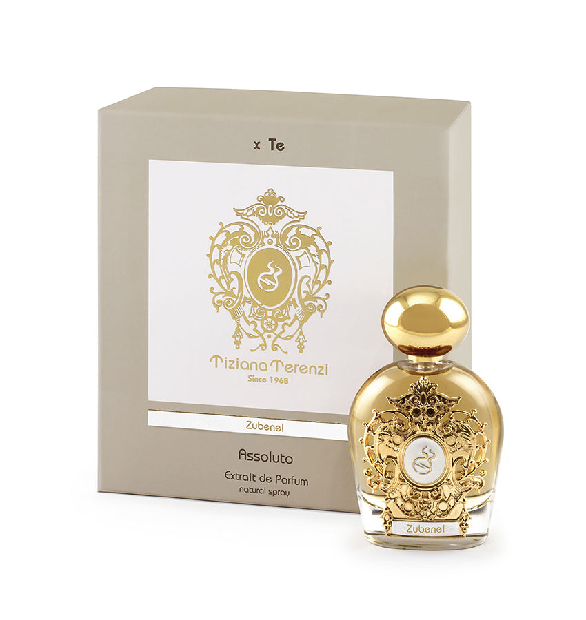 Tiziana Terenzi Zubenel Assoluto Extrait de Parfum 100ml luxury niche fragrance bottle with decorative gold detailing and presentation box.