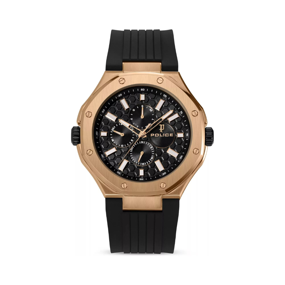 Police Dual Men's Silver & Rose Gold Case Black & Green Silicone Strap Watch