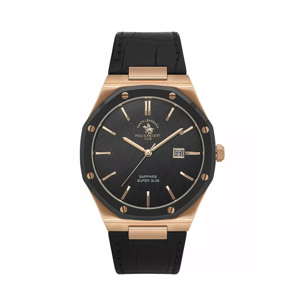 Santa Barbara Polo & Racquet Club & Racquet Club Noble Men's Black Dial Rose Gold Case Black Leather Starp Watch
