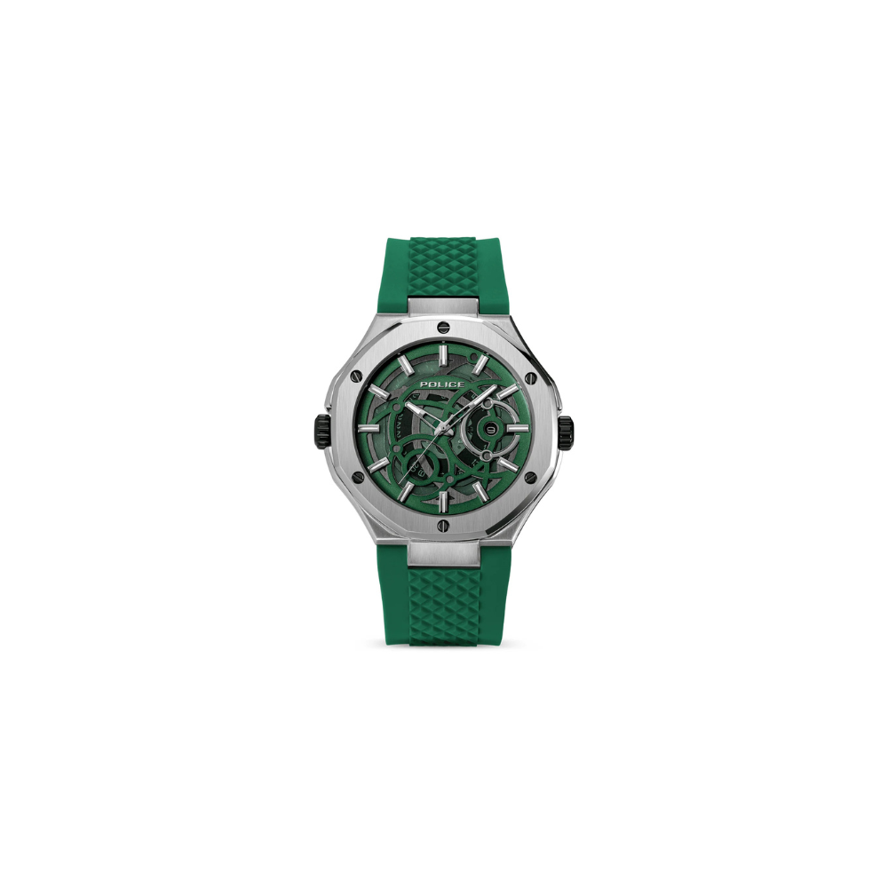 Police Dual Men's Silver & Rose Gold Case Black & Green Silicone Strap Watch
