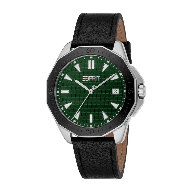 Esprit Men's Green Dial Silver-Tone & Black Leather Strap Watch