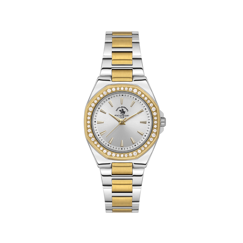 Silver and gold-toned women's watch with an octagonal bezel embellished with clear stones and a silver dial.