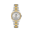 Silver and gold-toned women's watch with an octagonal bezel embellished with clear stones and a silver dial.