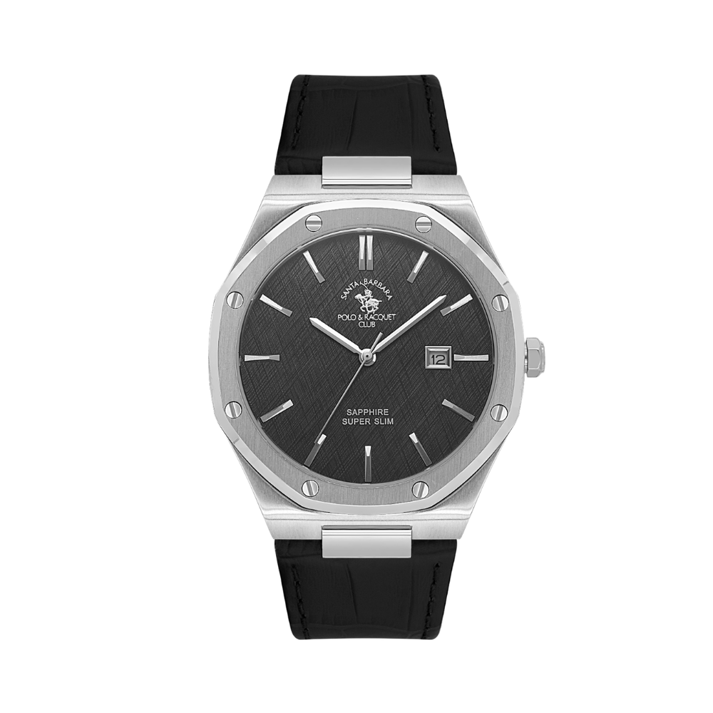 Santa Barbara Polo & Racquet Club & Racquet Club Noble Men's Black Dial Silver Case Black Leather Starp Watch