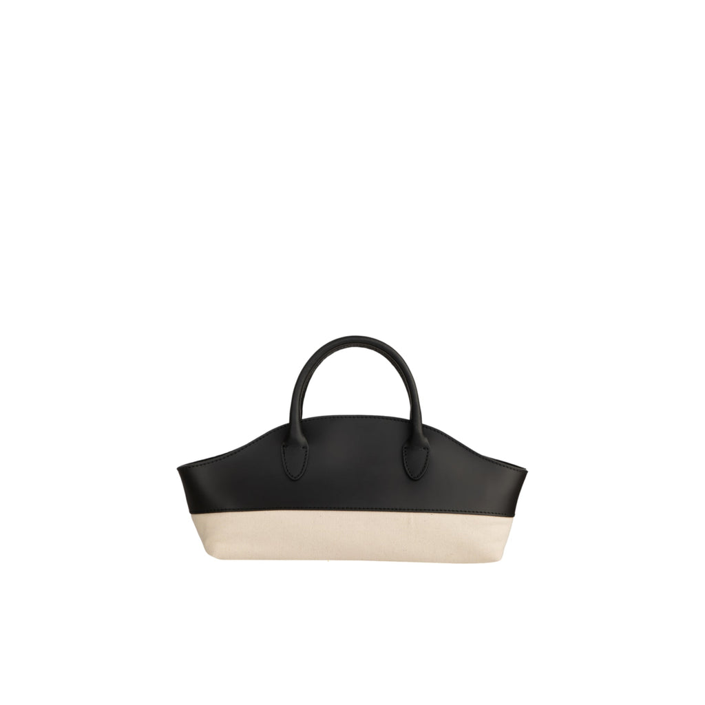 Structured handbag with a black curved top and light beige fabric bottom. Features two black top handles.