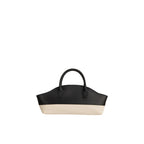 Structured handbag with a black curved top and light beige fabric bottom. Features two black top handles.