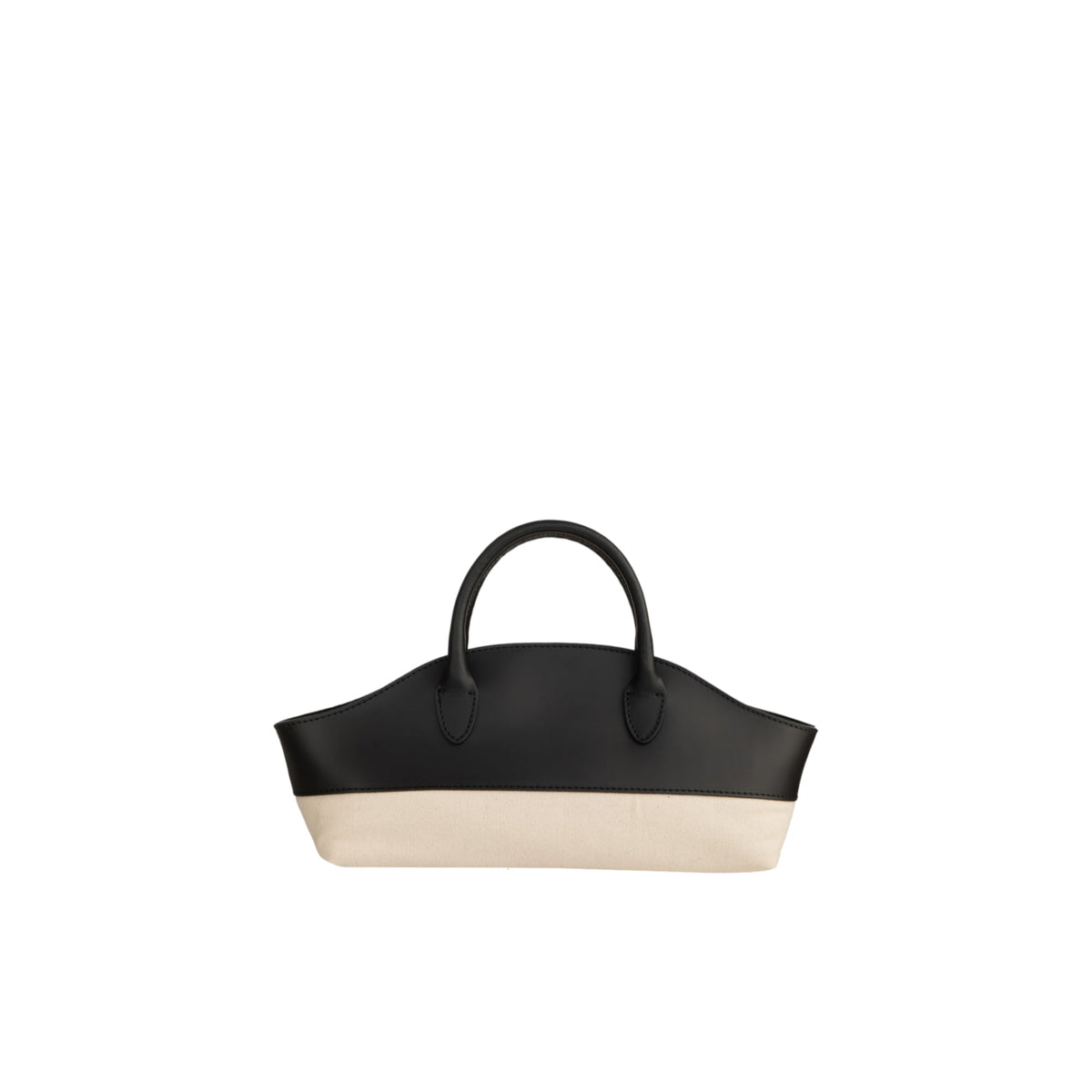 Structured handbag with a black curved top and light beige fabric bottom. Features two black top handles.