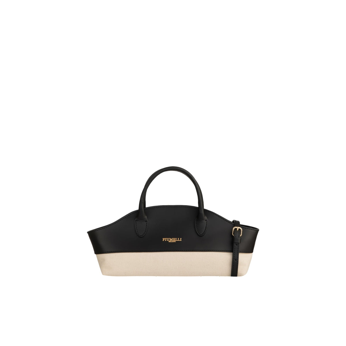 Piumelli Vela structured handbag with black leather upper and cream fabric lower, featuring two top handles and a gold-toned