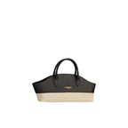 Structured handbag with black upper and beige canvas lower. Features two black top handles and a gold-toned PIUMELLI logo.