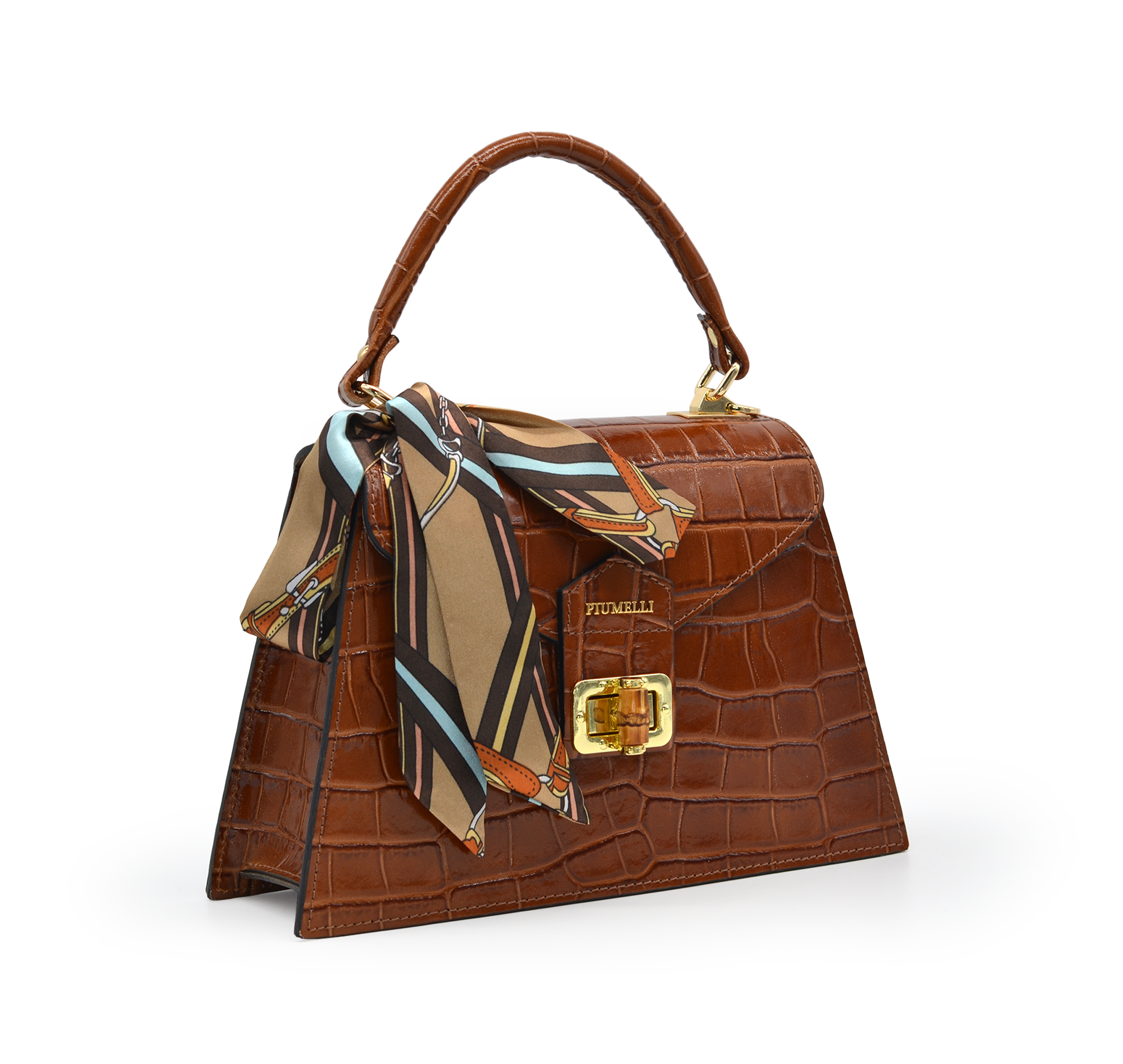 Elegant Piumelli handbag in tobacco brown patent croc leather, featuring gold turn-lock, top handle, and silk scarf accent for refined style.