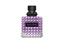 A Valentino Uomo Born In Roma Stravaganza fragrance bottle for men, featuring the signature pyramid rockstud glass design with a clear-to-purple gradient. The bottle is topped with a matte black cap and a black textured label displaying the "VALENTINO" logo in purple.