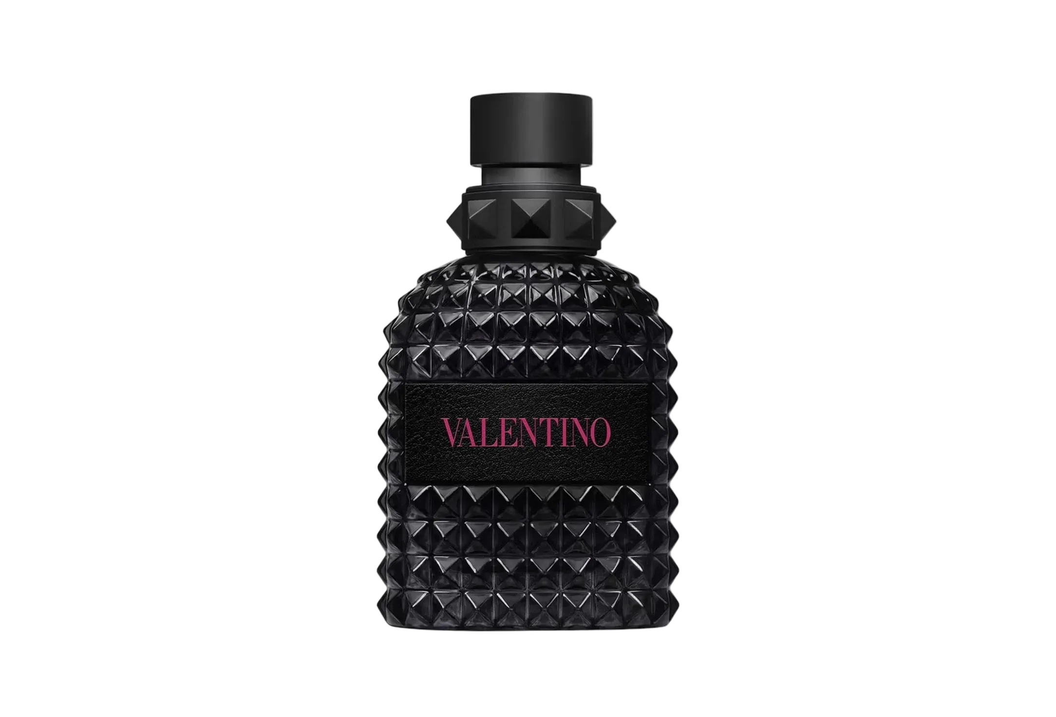 An all-black Valentino Uomo Born In Roma Rockstud Noir fragrance bottle featuring the signature pyramid-studded glass design, a matte black cap with a studded collar, and a black textured label with "VALENTINO" printed in contrasting pink text.