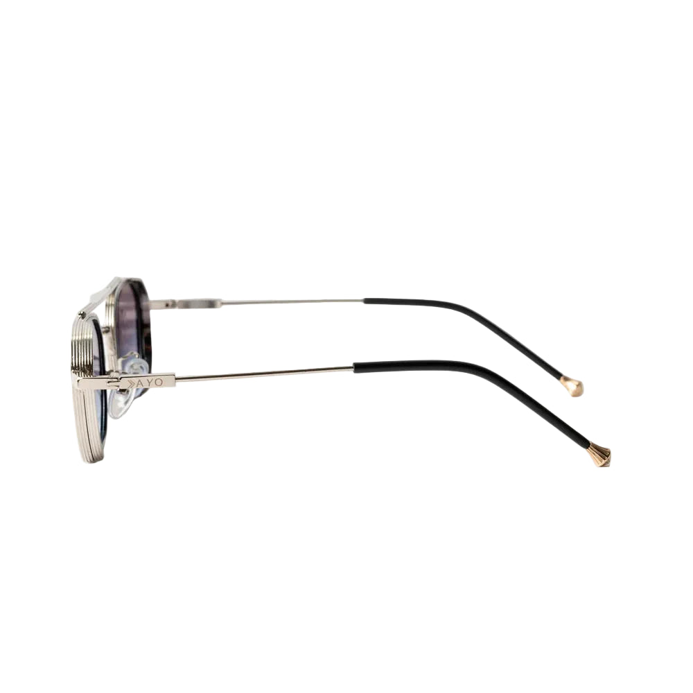 Vayo Solaris Edge metal sunglasses with dark blue lenses and sleek geometric frame