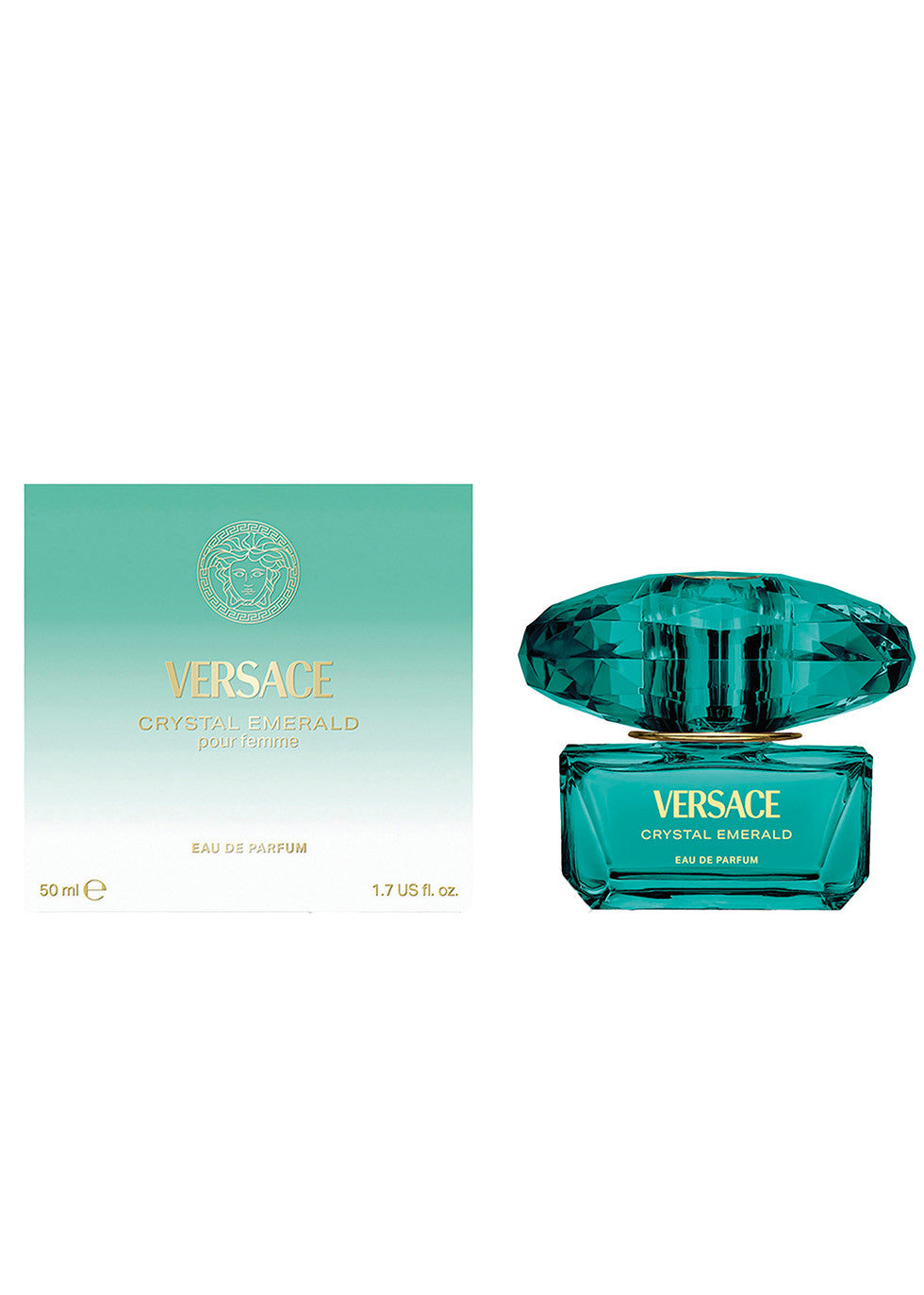 Versace Crystal Emerald 50ml perfume set showing the emerald green to white gradient retail box with a gold Medusa logo alongside the matching jewel-capped bottle.