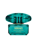 Versace Crystal Emerald pour femme perfume bottle in a vibrant emerald green glass with gold lettering and a large, jewel-cut faceted matching green cap.