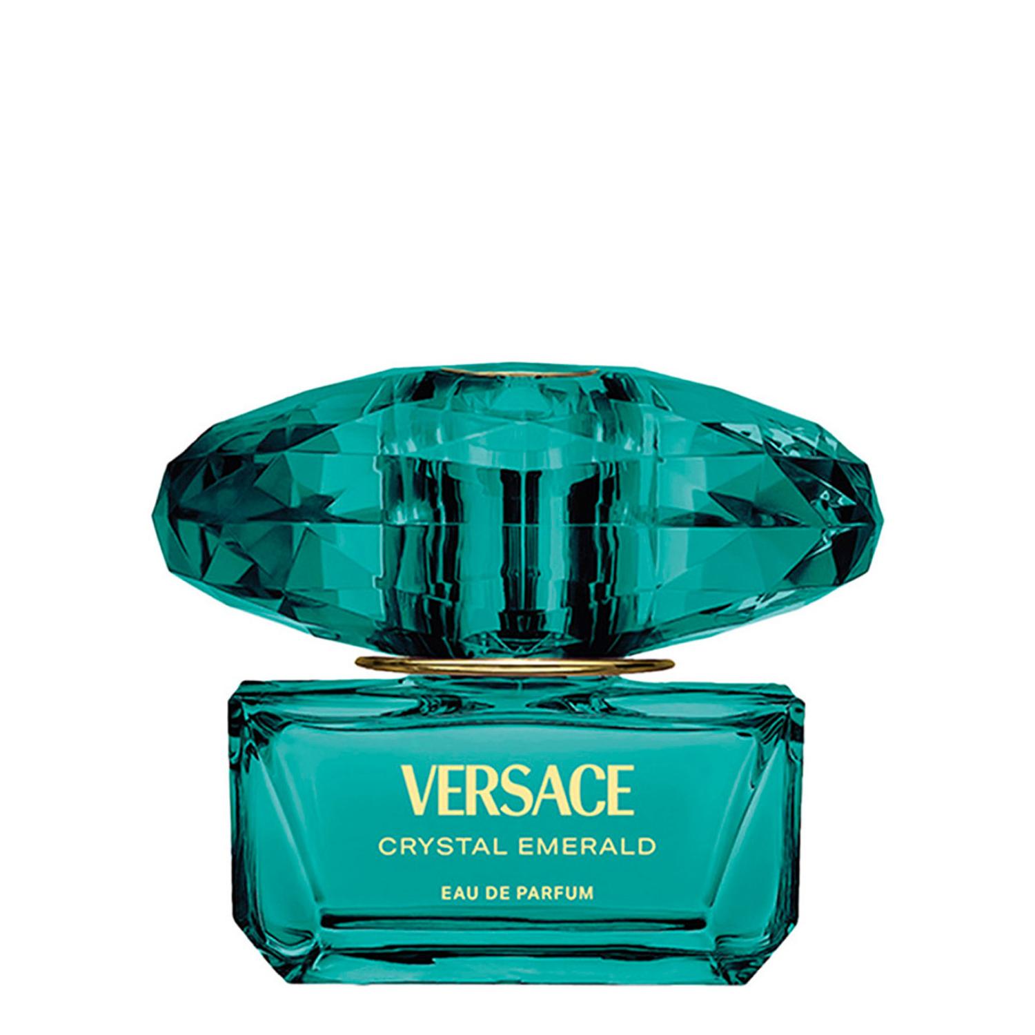 Versace Crystal Emerald pour femme perfume bottle in a vibrant emerald green glass with gold lettering and a large, jewel-cut faceted matching green cap.