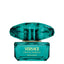 Versace Crystal Emerald pour femme perfume bottle in a vibrant emerald green glass with gold lettering and a large, jewel-cut faceted matching green cap.
