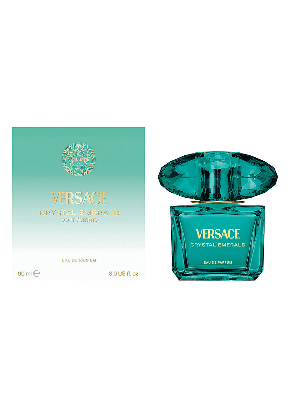 Versace Crystal Emerald 50ml perfume set showing the emerald green to white gradient retail box with a gold Medusa logo alongside the matching jewel-capped bottle.