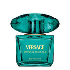 Versace Crystal Emerald pour femme perfume bottle in a vibrant emerald green glass with gold lettering and a large, jewel-cut faceted matching green cap.
