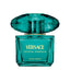 Versace Crystal Emerald pour femme perfume bottle in a vibrant emerald green glass with gold lettering and a large, jewel-cut faceted matching green cap.