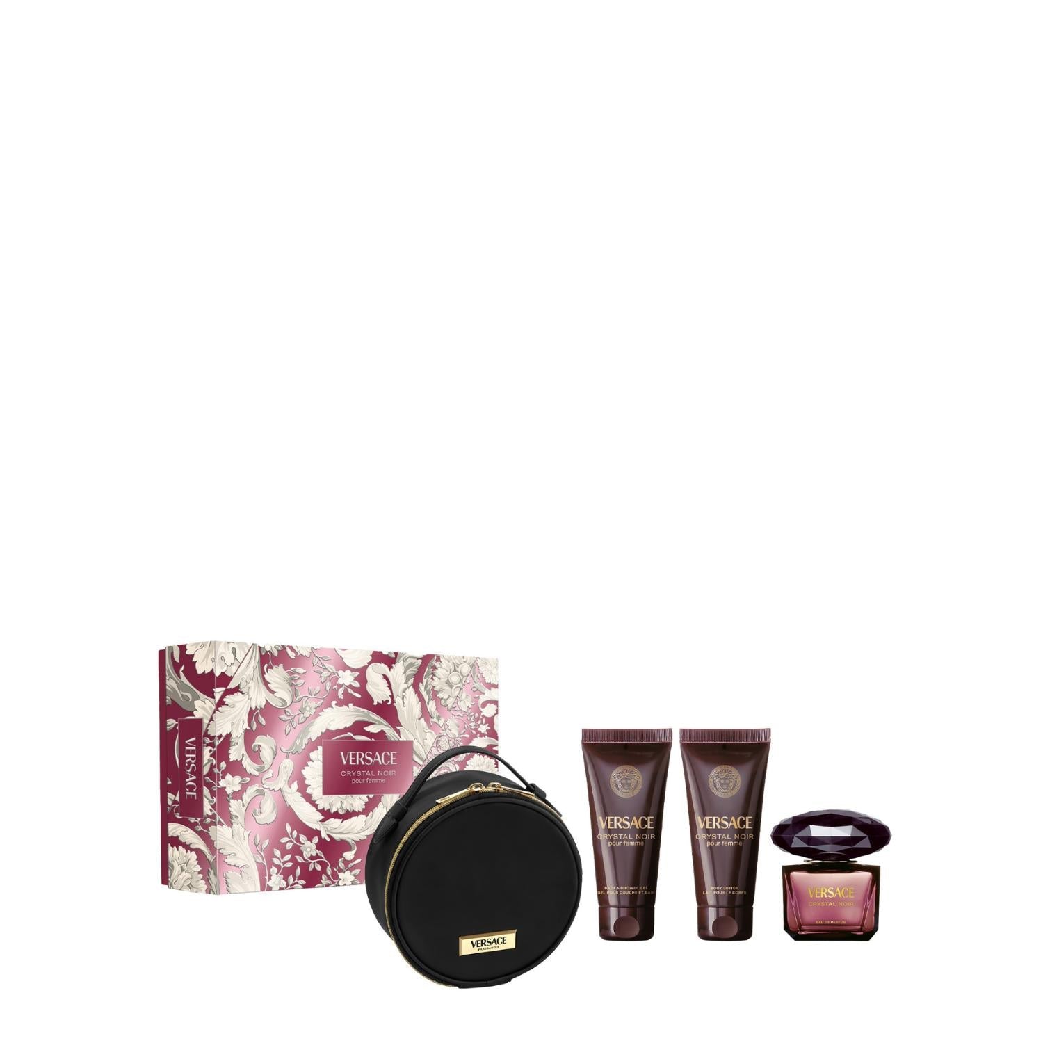 Versace Crystal Noir pour femme gift set featuring a deep burgundy and white baroque patterned box, a round black vanity bag with gold zippers, perfumed bath and shower gel, body lotion, and the signature dark glass perfume flacon with a jewel-cut cap.