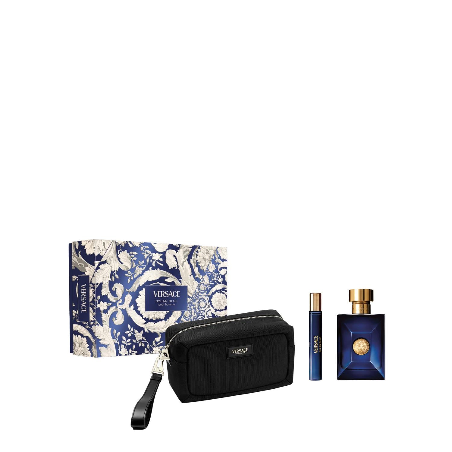 Versace Dylan Blue pour homme gift set showcasing a blue patterned baroque gift box, a black zippered toiletry bag with a wristlet strap, a travel spray vial, and the signature dark blue and gold square cologne bottle. Main image
