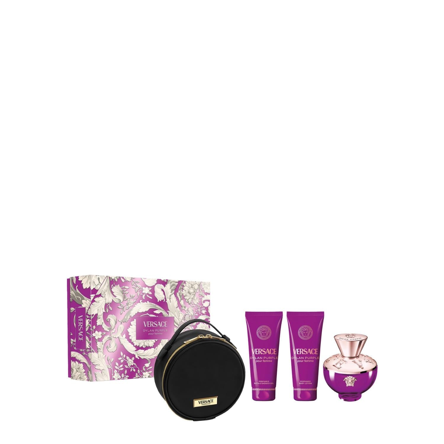 Versace Dylan Purple pour femme gift set featuring a purple patterned box, a round black vanity bag with a gold zipper, bath and shower gel, body lotion, and the signature purple and rose gold perfume flacon. Main image