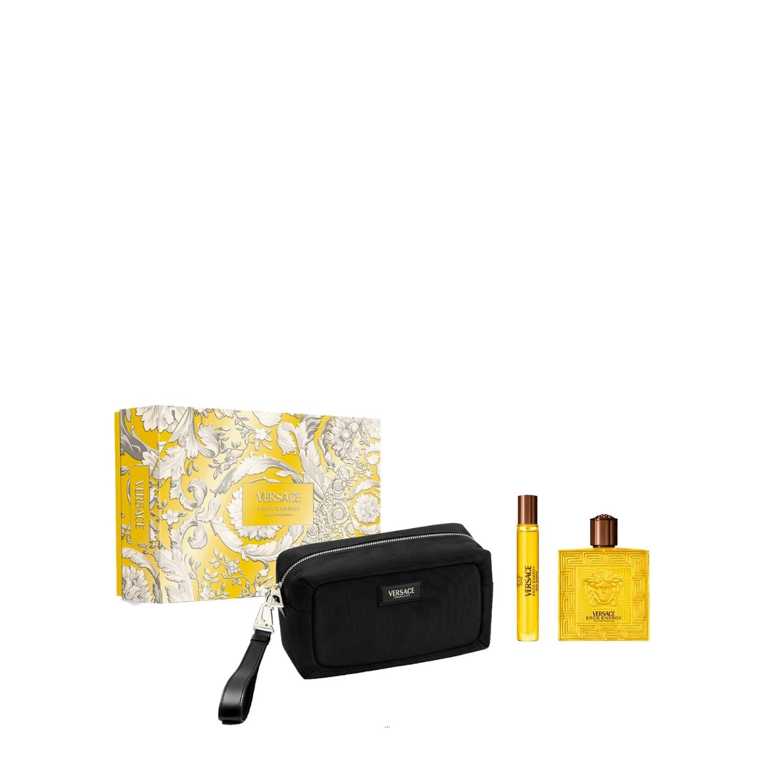 Versace Eros Energy pour homme gift set showcasing a vibrant yellow and white baroque patterned box, a black zippered toiletry pouch with a wristlet strap, a travel spray, and the signature bright yellow maze-textured perfume bottle.