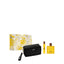 Versace Eros Energy pour homme gift set showcasing a vibrant yellow and white baroque patterned box, a black zippered toiletry pouch with a wristlet strap, a travel spray, and the signature bright yellow maze-textured perfume bottle.