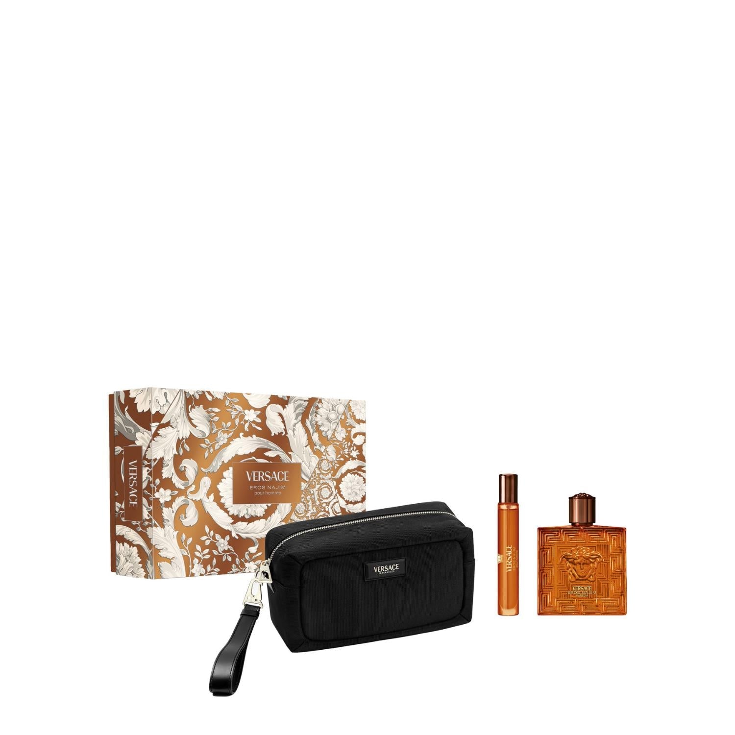 Versace Eros Najim pour homme gift set featuring a bronze and white baroque patterned box, a black zippered pouch with a wristlet strap, a travel spray, and the signature amber-toned maze textured perfume flacon. Main image