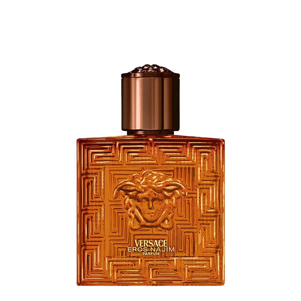 Experience Versace Eros Najim Parfum. An oriental-woody fragrance presented in a striking amber-colored maze-textured glass bottle. Shop luxury cologne.