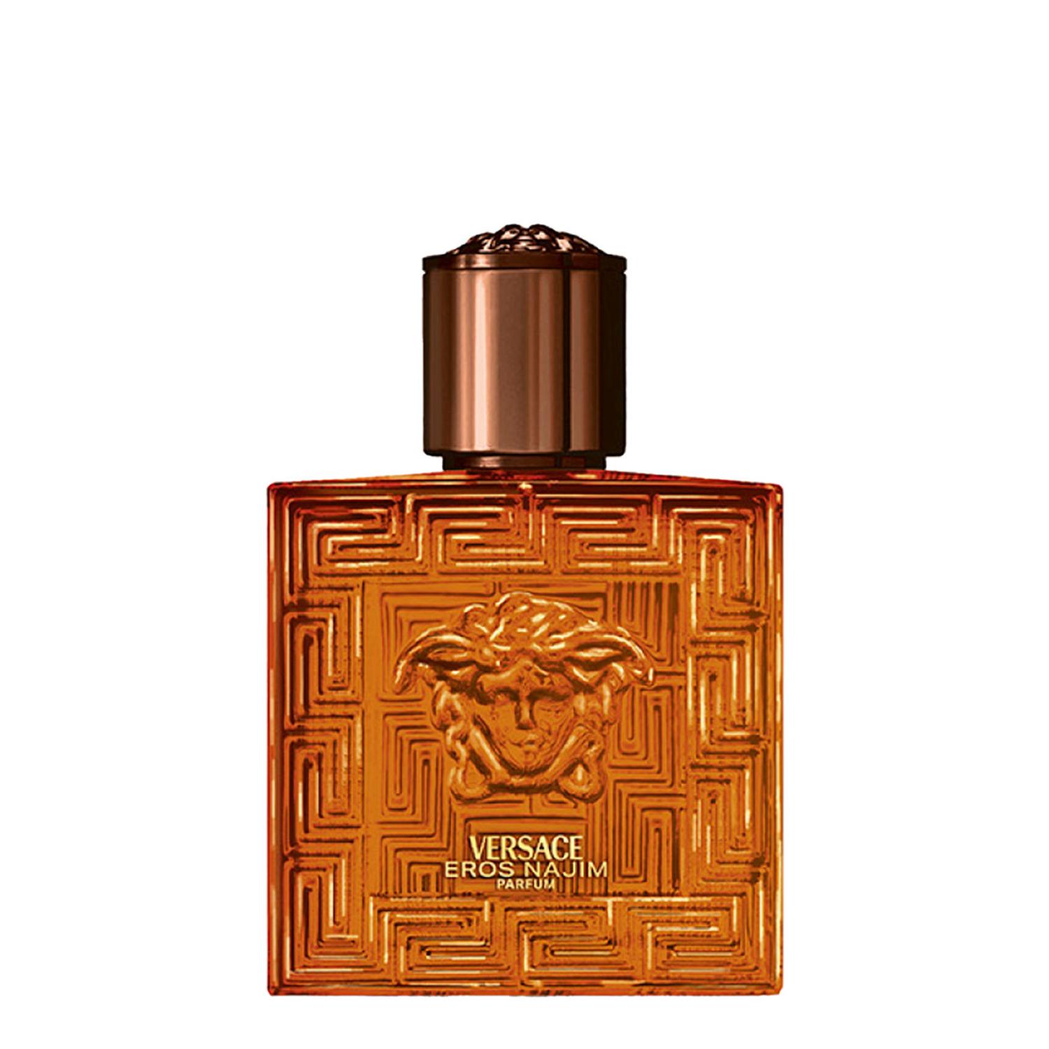 Experience Versace Eros Najim Parfum. An oriental-woody fragrance presented in a striking amber-colored maze-textured glass bottle. Shop luxury cologne.