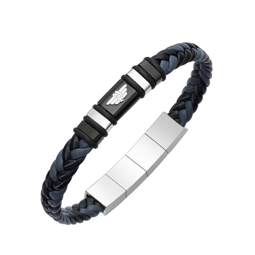 Police Wavebreaker Stainless Steel Bracelet with Black Wing Logo Plaque and Bi-Color Leather Strap