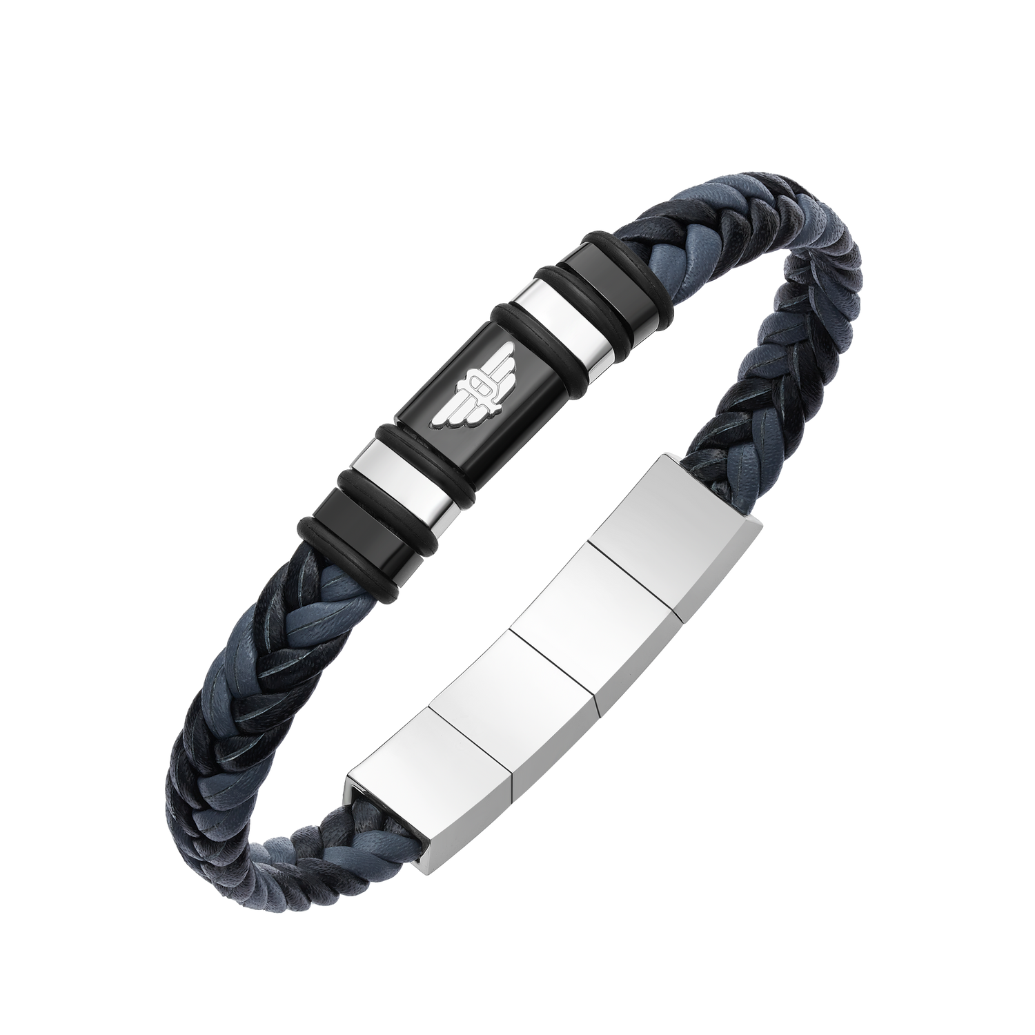 Police Wavebreaker Stainless Steel Bracelet with Black Wing Logo Plaque and Bi-Color Leather Strap