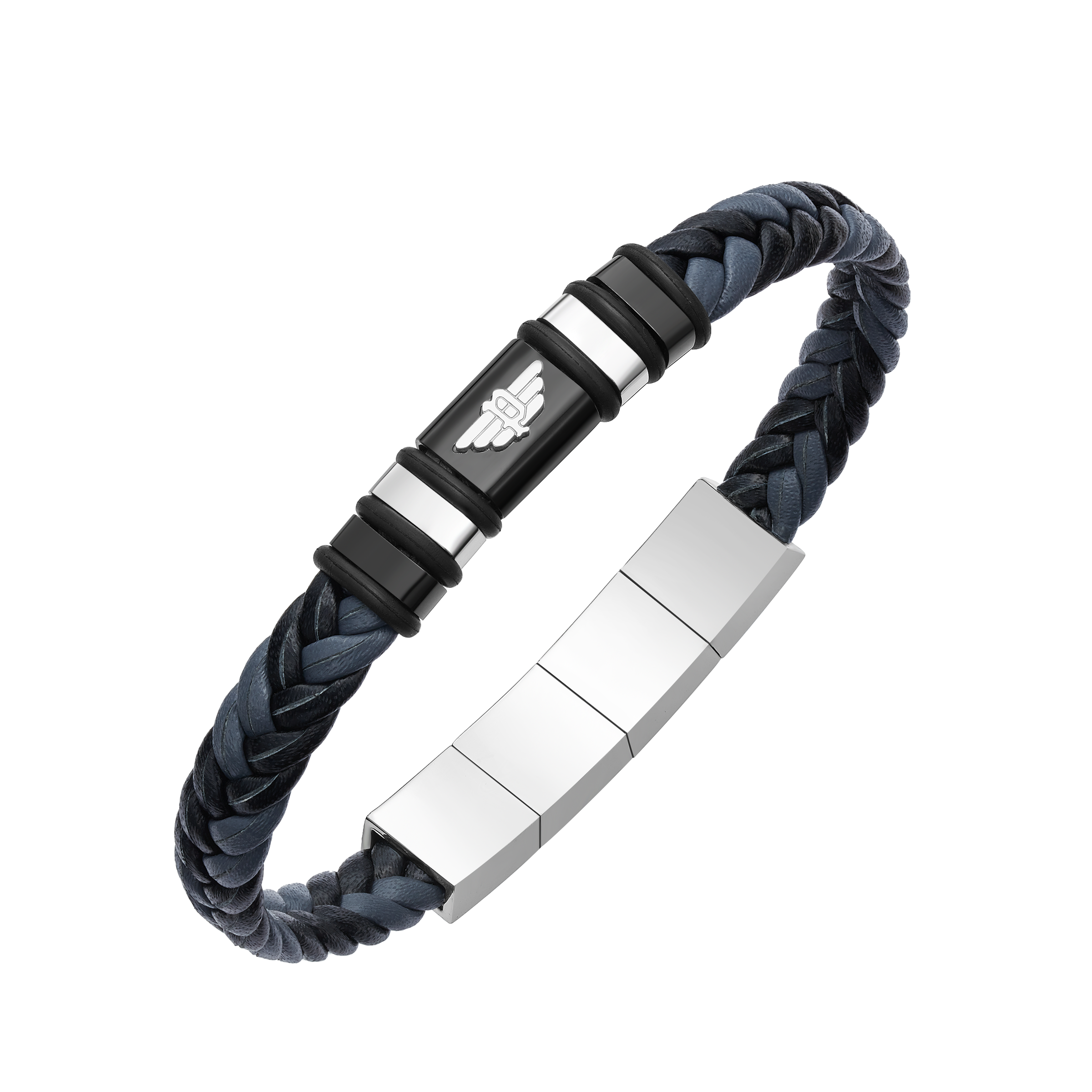 Police Wavebreaker Stainless Steel Bracelet with Black Wing Logo Plaque and Bi-Color Leather Strap