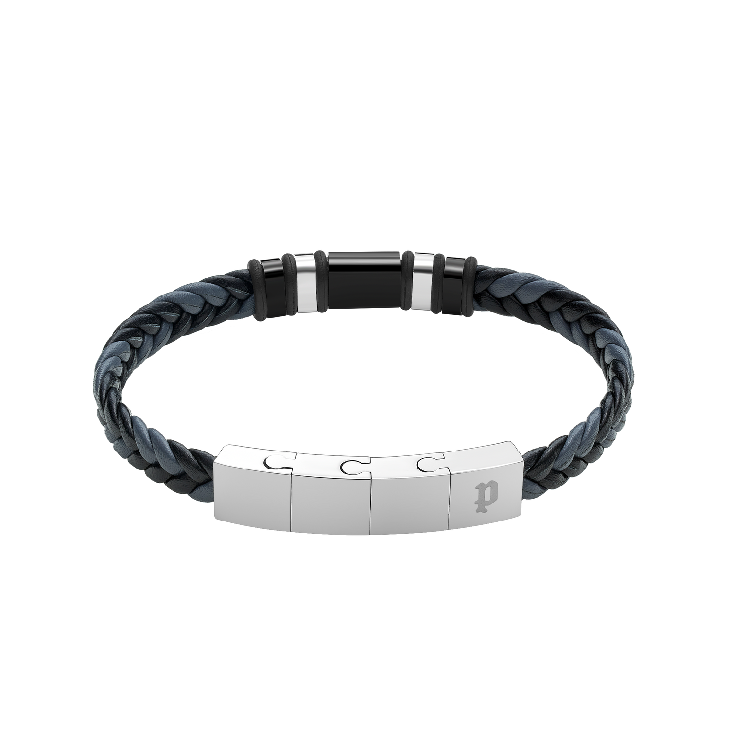 Police Wavebreaker Stainless Steel Bracelet with Black Wing Logo Plaque and Bi-Color Leather Strap Police Wavebreaker Stainless Steel Bracelet with Black Wing Logo Plaque and Bi-Color Leather Strap