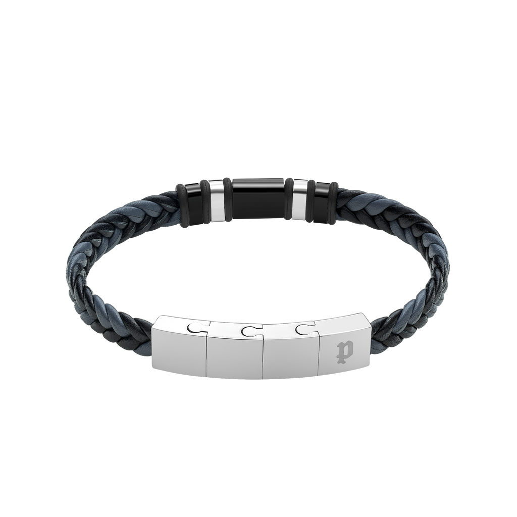 Police Wavebreaker Stainless Steel Bracelet with Black Wing Logo Plaque and Bi-Color Leather Strap