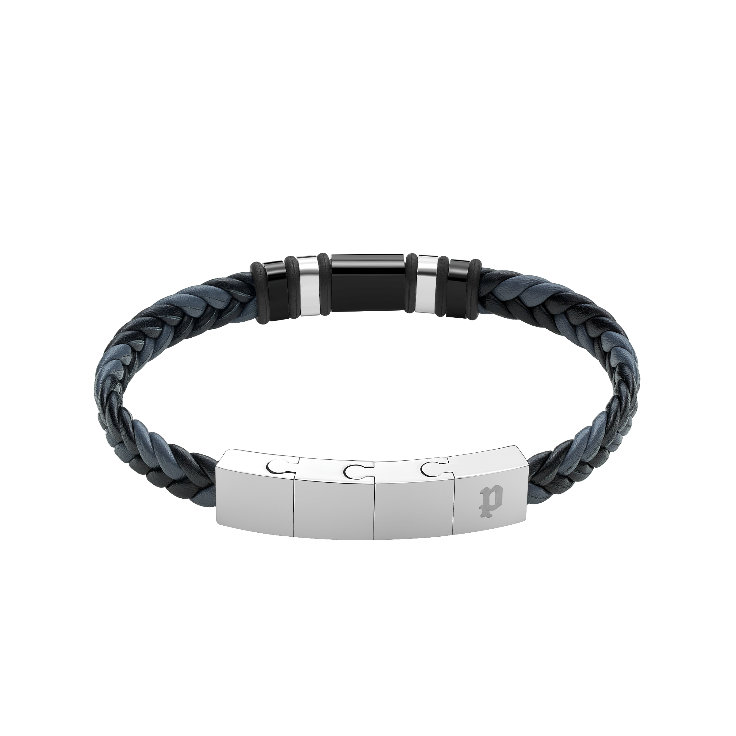 Police Wavebreaker Stainless Steel Bracelet with Black Wing Logo Plaque and Bi-Color Leather Strap