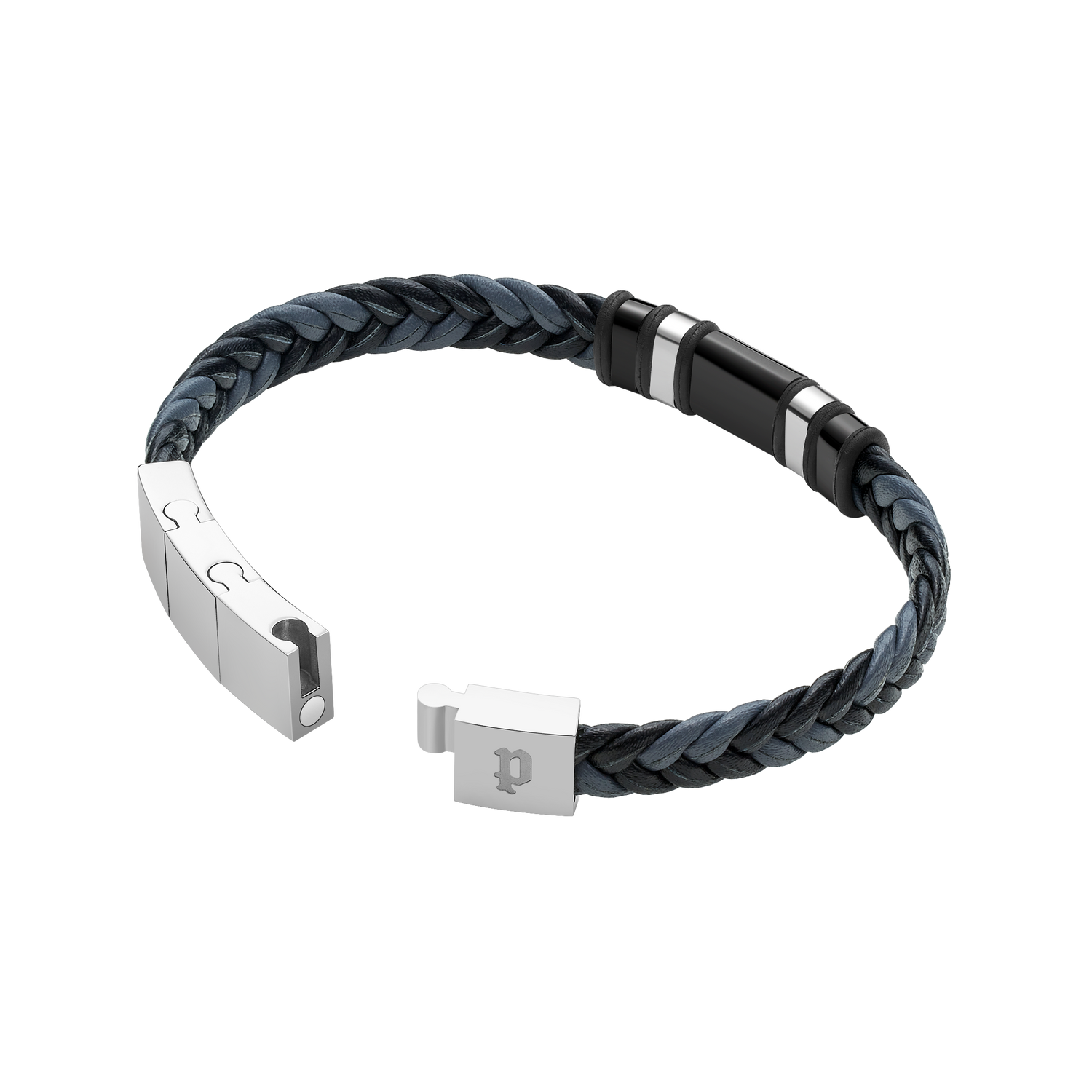 Police Wavebreaker Stainless Steel Bracelet with Black Wing Logo Plaque and Bi-Color Leather Strap Police Wavebreaker Stainless Steel Bracelet with Black Wing Logo Plaque and Bi-Color Leather Strap