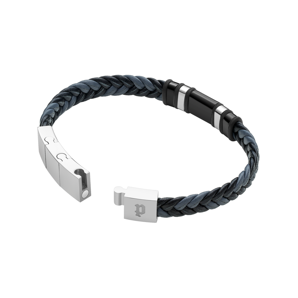 Police Wavebreaker Stainless Steel Bracelet with Black Wing Logo Plaque and Bi-Color Leather Strap