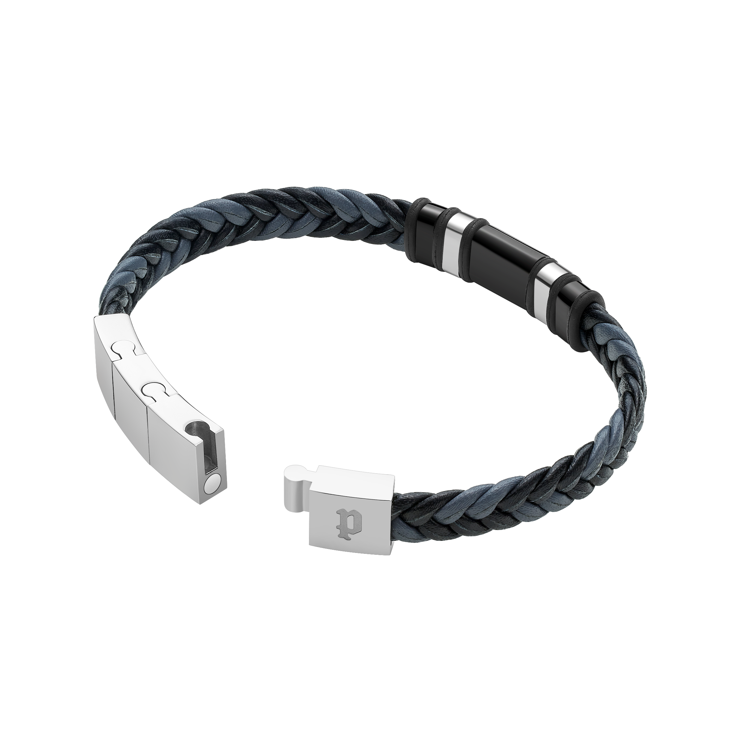Police Wavebreaker Stainless Steel Bracelet with Black Wing Logo Plaque and Bi-Color Leather Strap