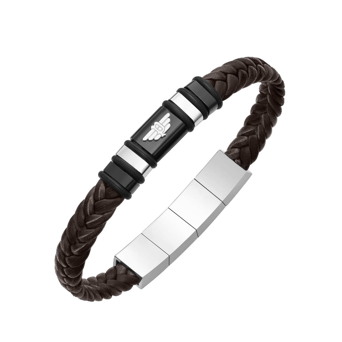 Police Wavebreaker Stainless Steel Bracelet with Black Wing Logo Plaque and Brown Leather Strap Police Wavebreaker Stainless Steel Bracelet with Black Wing Logo Plaque and Brown Leather Strap