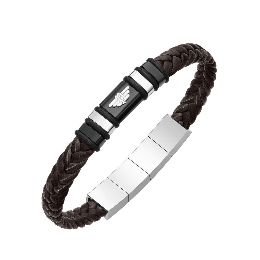 Police Wavebreaker Stainless Steel Bracelet with Black Wing Logo Plaque and Brown Leather Strap