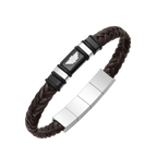 Police Wavebreaker Stainless Steel Bracelet with Black Wing Logo Plaque and Brown Leather Strap