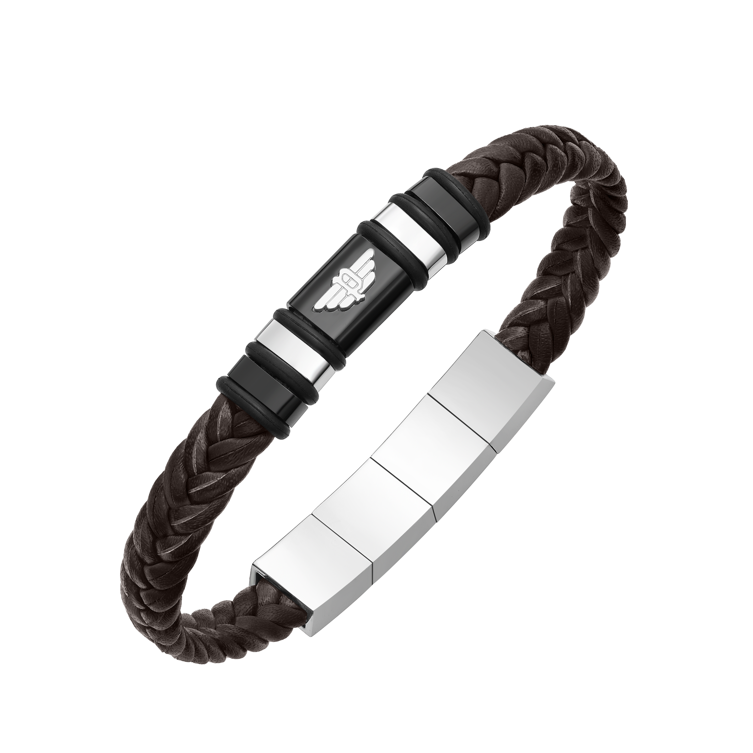 Police Wavebreaker Stainless Steel Bracelet with Black Wing Logo Plaque and Brown Leather Strap