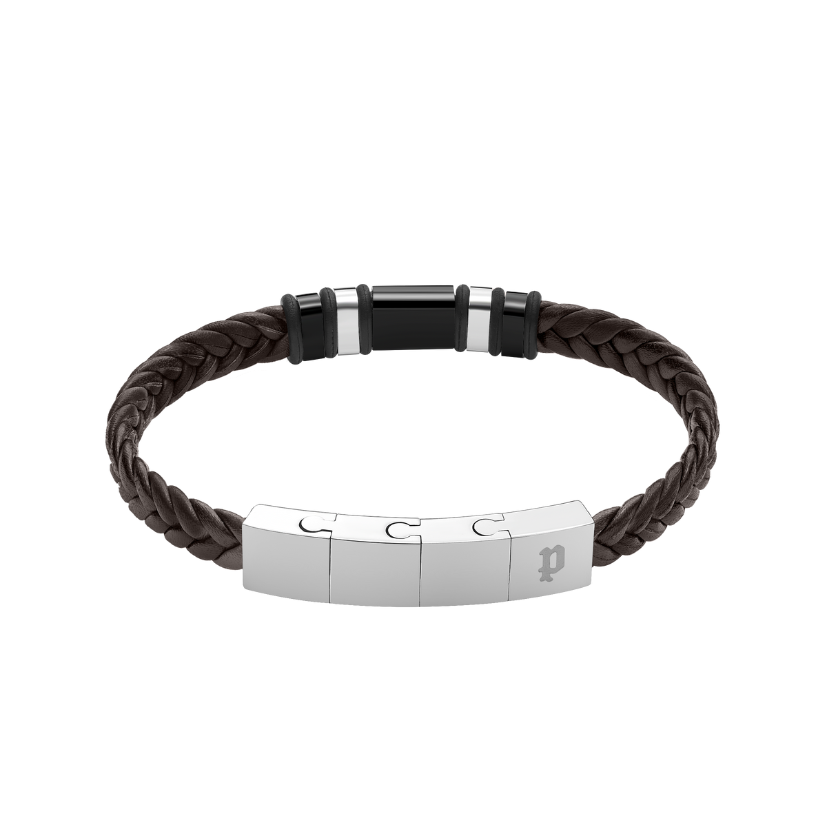 Police Wavebreaker Stainless Steel Bracelet with Black Wing Logo Plaque and Brown Leather Strap Police Wavebreaker Stainless Steel Bracelet with Black Wing Logo Plaque and Brown Leather Strap