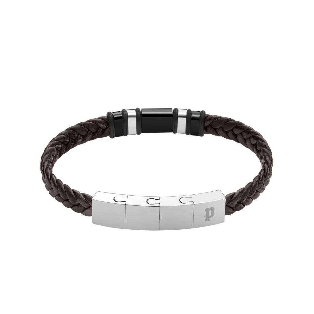Police Wavebreaker Stainless Steel Bracelet with Black Wing Logo Plaque and Brown Leather Strap