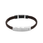 Police Wavebreaker Stainless Steel Bracelet with Black Wing Logo Plaque and Brown Leather Strap