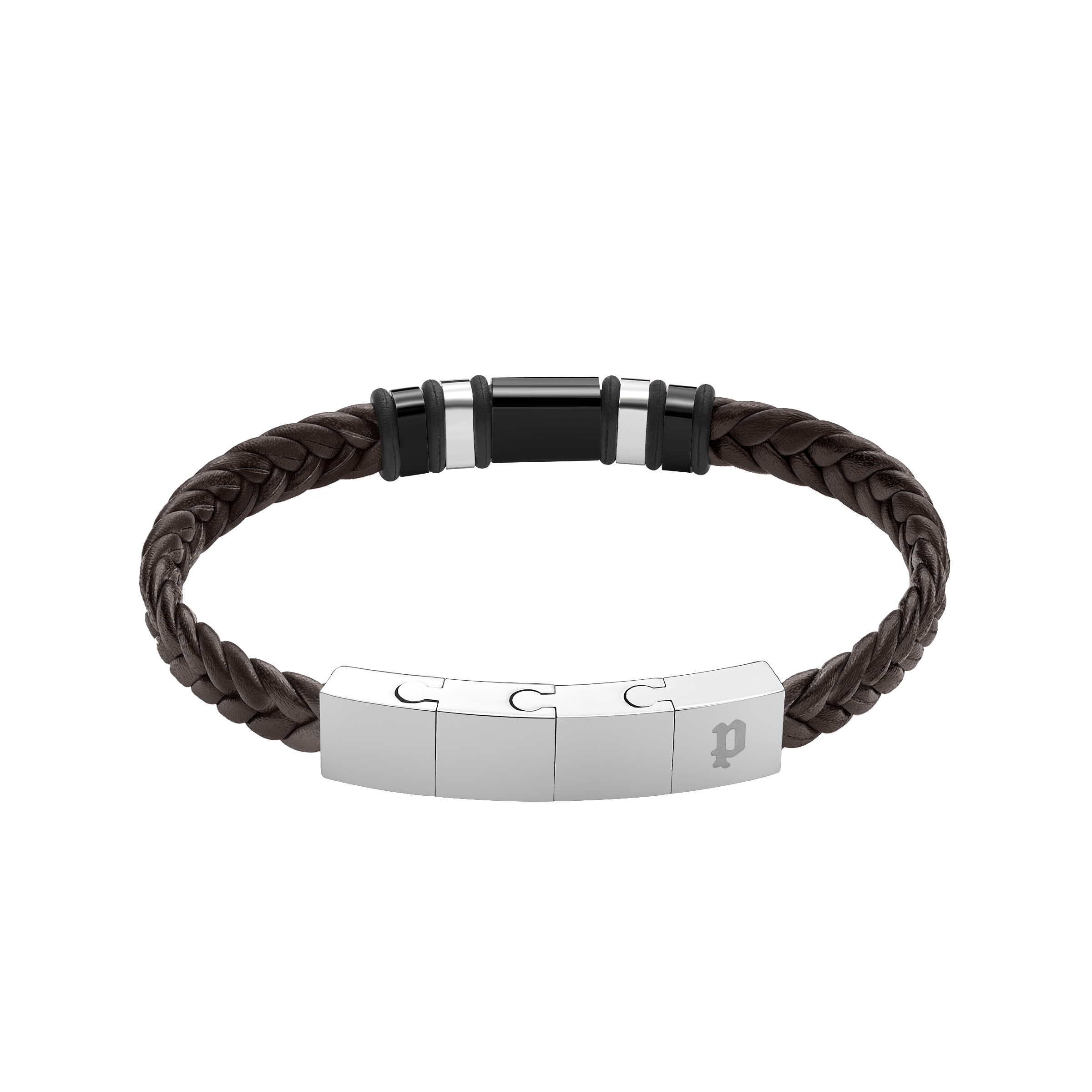 Police Wavebreaker Stainless Steel Bracelet with Black Wing Logo Plaque and Brown Leather Strap